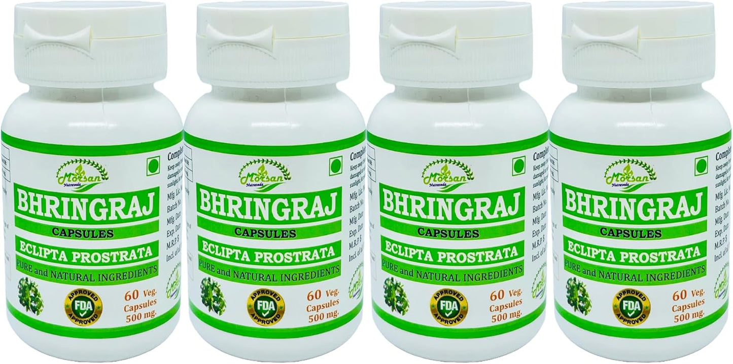 Morsan Nutraveda Bhringraj Capsules for Men and Women - Premium Ayurvedic Herbal Supplement - 500mg per Serving - 60 Veggie Capsules x 4-Pack