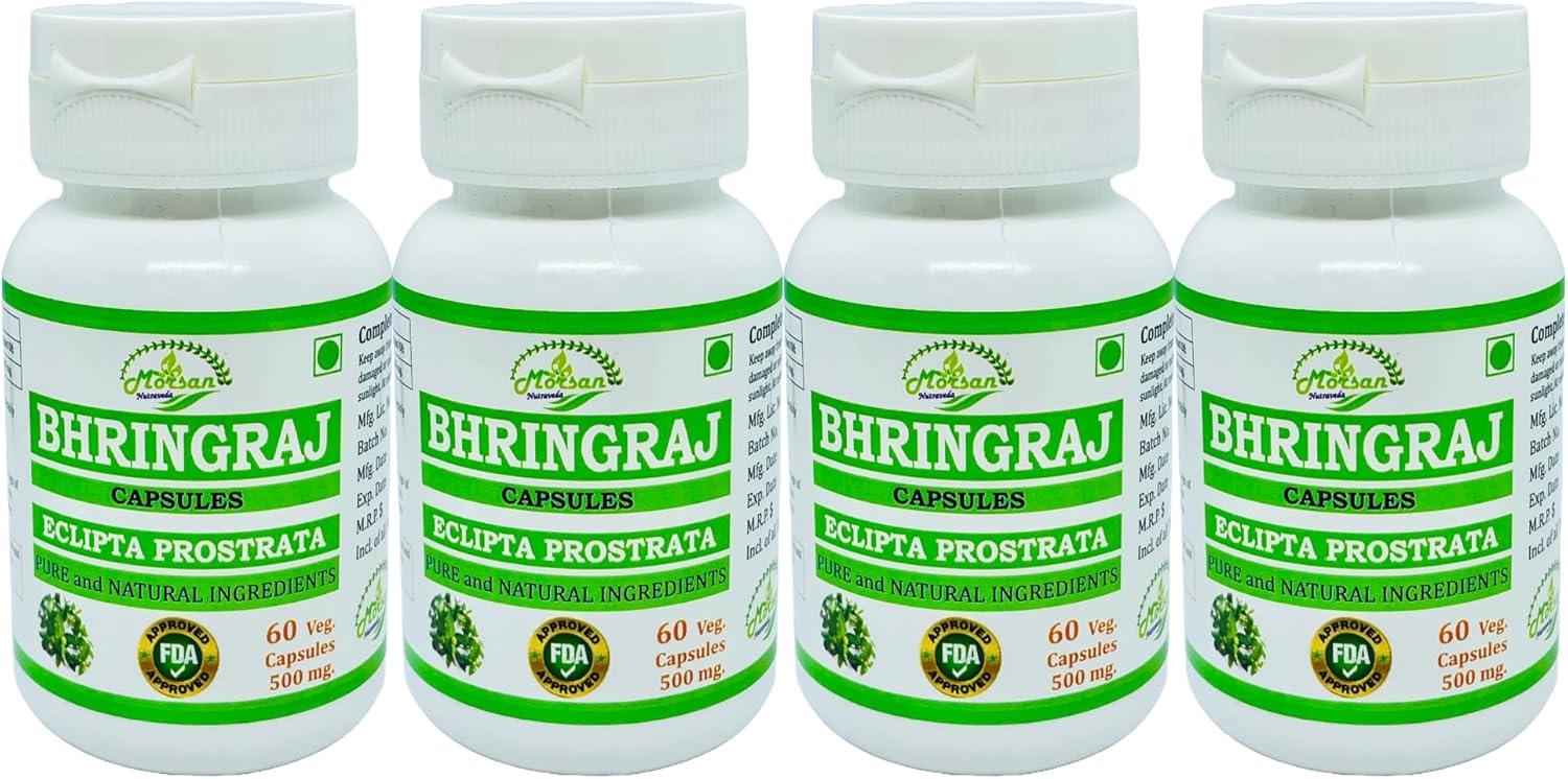 Morsan Nutraveda Bhringraj Capsules for Men and Women - Premium Ayurvedic Herbal Supplement - 500mg per Serving - 60 Veggie Capsules x 4-Pack