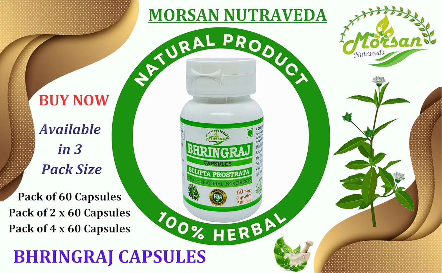 Morsan Nutraveda Bhringraj Capsules for Men and Women - Premium Ayurvedic Herbal Supplement - 500mg per Serving - 60 Veggie Capsules x 4-Pack