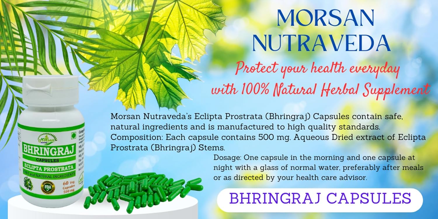 Morsan Nutraveda Bhringraj Capsules for Men and Women - Premium Ayurvedic Herbal Supplement - 500mg per Serving - 60 Veggie Capsules x 4-Pack