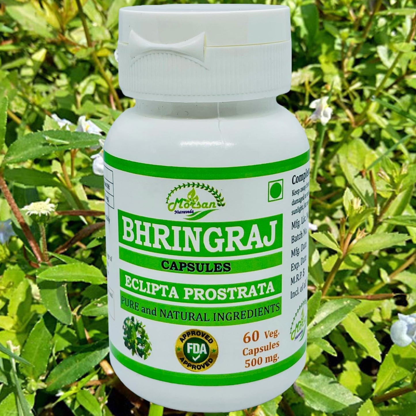 Morsan Nutraveda Bhringraj Capsules for Men and Women - Premium Ayurvedic Herbal Supplement - 500mg per Serving - 60 Veggie Capsules x 4-Pack