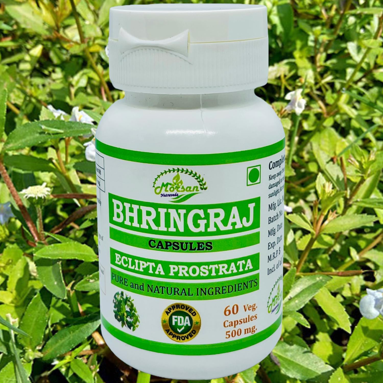 Morsan Nutraveda Bhringraj Capsules for Men and Women - Premium Ayurvedic Herbal Supplement - 500mg per Serving - 60 Veggie Capsules x 4-Pack