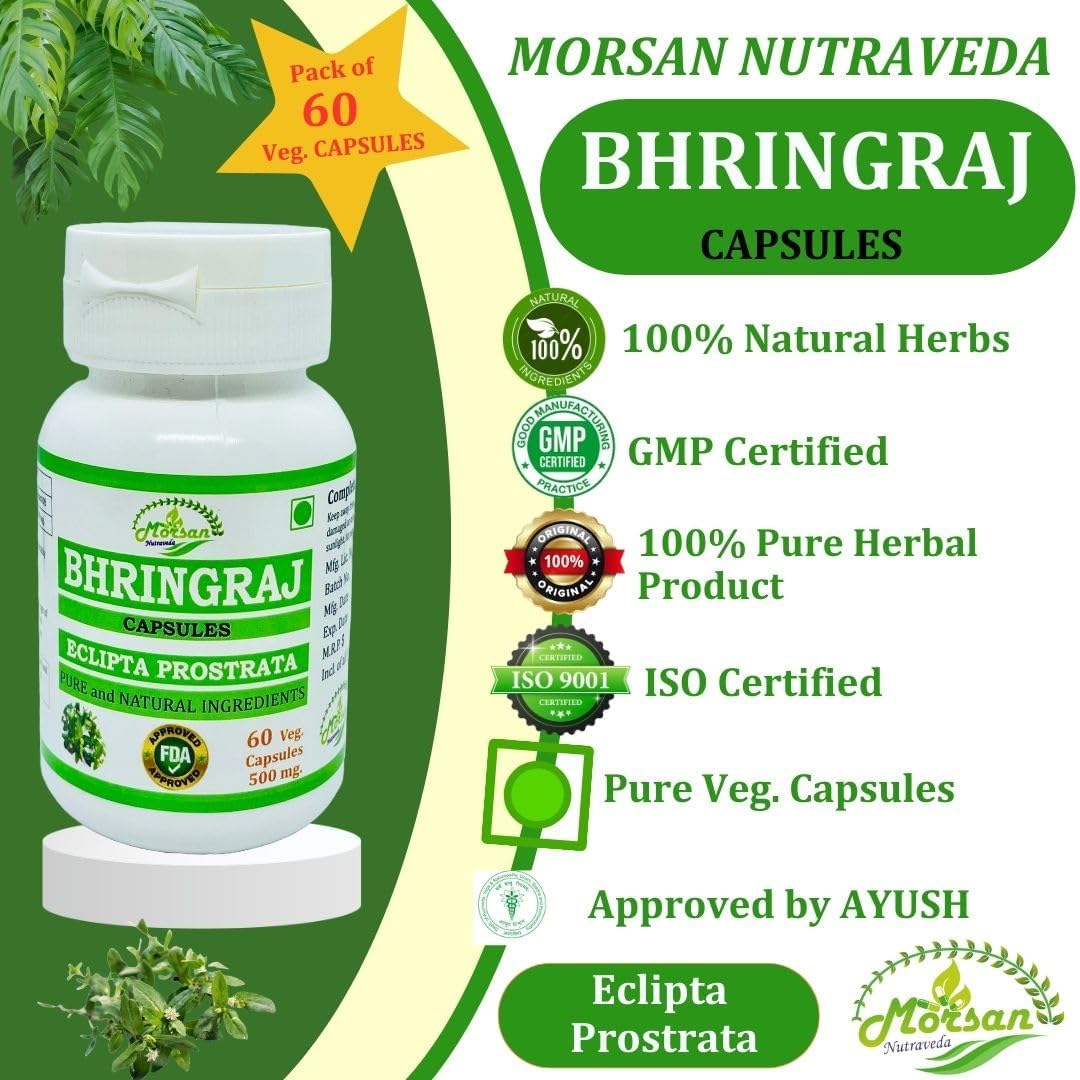 Morsan Nutraveda Bhringraj Capsules for Men and Women - Premium Ayurvedic Herbal Supplement - 500mg per Serving - 60 Veggie Capsules x 4-Pack