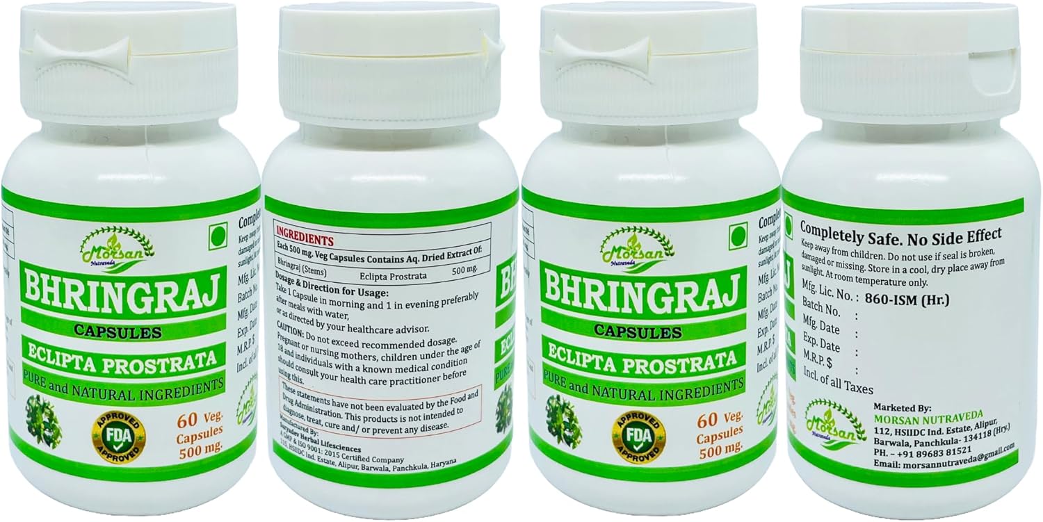 Morsan Nutraveda Bhringraj Capsules for Men and Women - Premium Ayurvedic Herbal Supplement - 500mg per Serving - 60 Veggie Capsules x 4-Pack