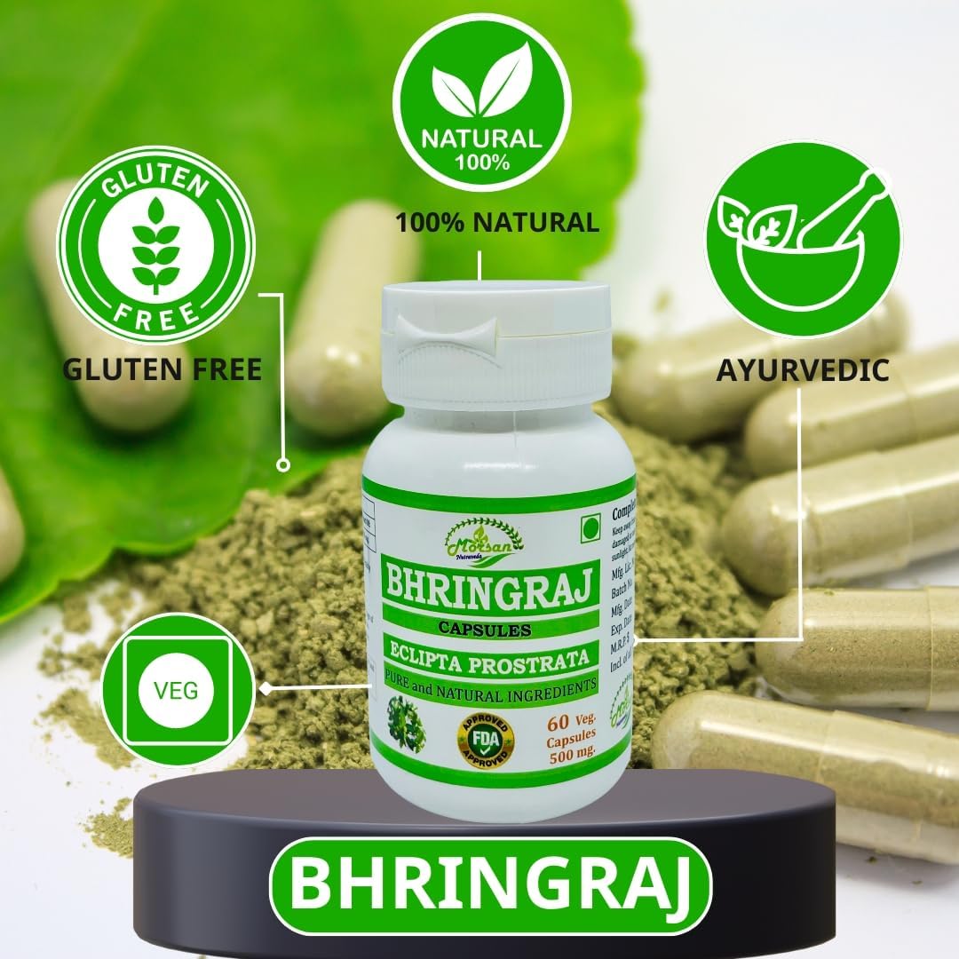 Morsan Nutraveda Bhringraj Capsules for Men and Women - Premium Ayurvedic Herbal Supplement - 500mg per Serving - 60 Veggie Capsules x 4-Pack