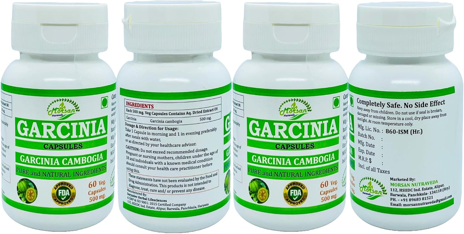 Morsan Nutraveda Herbal Garcinia Cambogia Extract Capsules - 100% Natural & Pure, High Potency (60 x 500mg Capsules, Pack of 4 Jars)