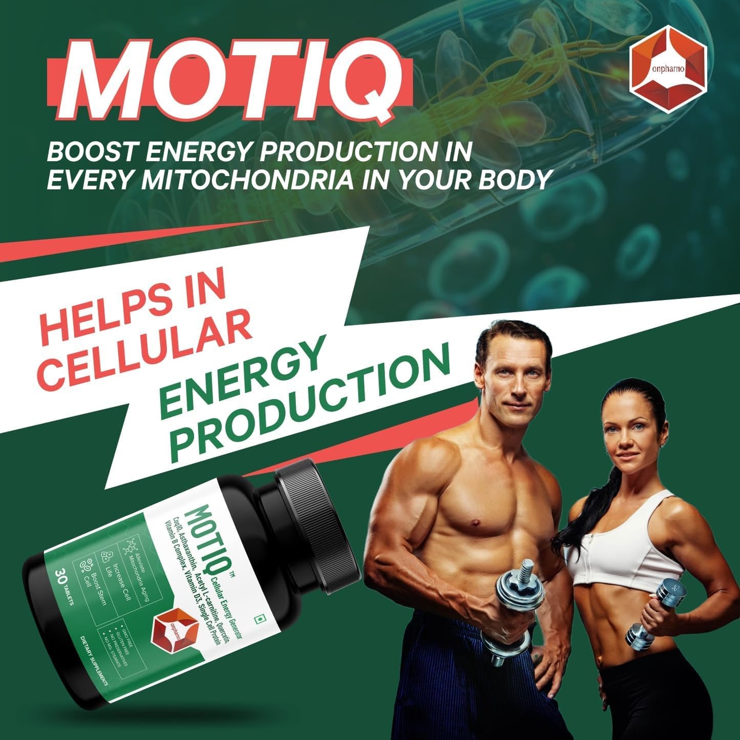 Mo.tiq Cellular Energy Supplement with CoQ10, Astaxanthin, L-Carnitine, Vitamin D3, B Complex - 30 Tablets for Strength, Stamina, Anti-Aging