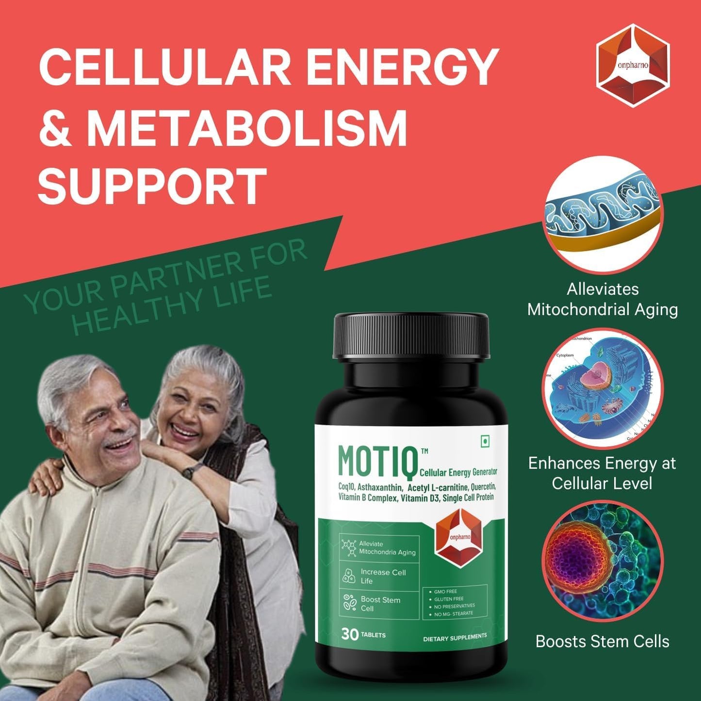 Mo.tiq Cellular Energy Supplement with CoQ10, Astaxanthin, L-Carnitine, Vitamin D3, B Complex - 30 Tablets for Strength, Stamina, Anti-Aging