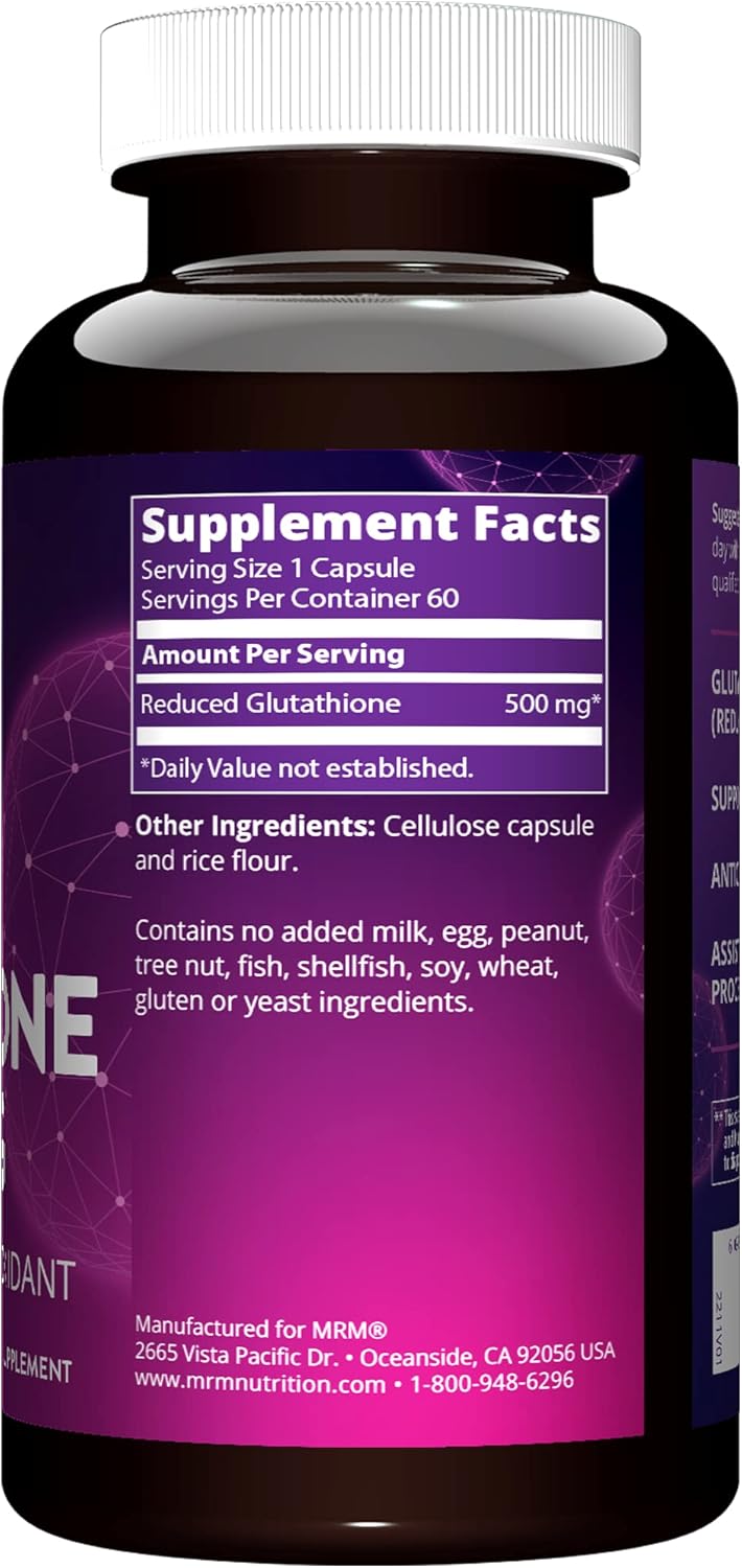 MRM Nutrition Reduced Glutathione 500mg Capsules for Liver Health and Antioxidant Support - Vegan and Gluten-Free Dietary Supplement with 60 Servings