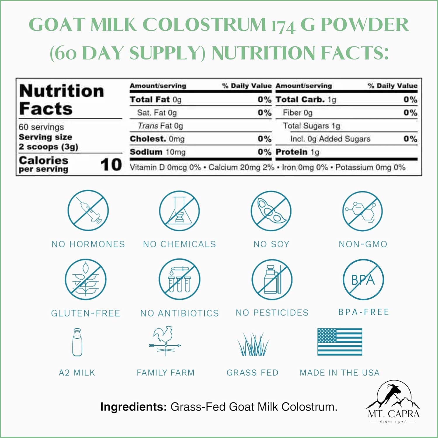 Mt. Capra Goat Milk Colostrum: Immune Support & Gut Health - Grass-Fed, High in Immunoglobulins | 60 Servings