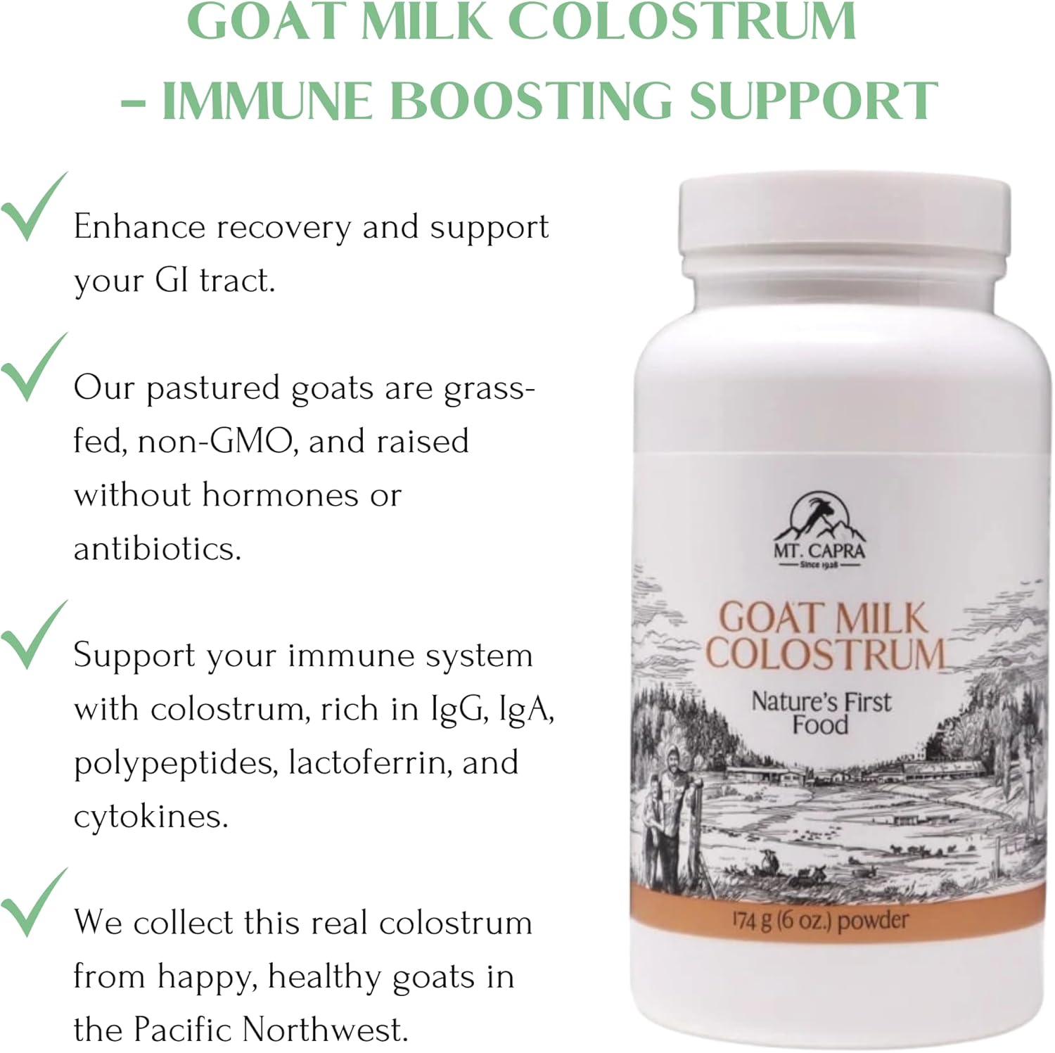 Mt. Capra Goat Milk Colostrum: Immune Support & Gut Health - Grass-Fed, High in Immunoglobulins | 60 Servings