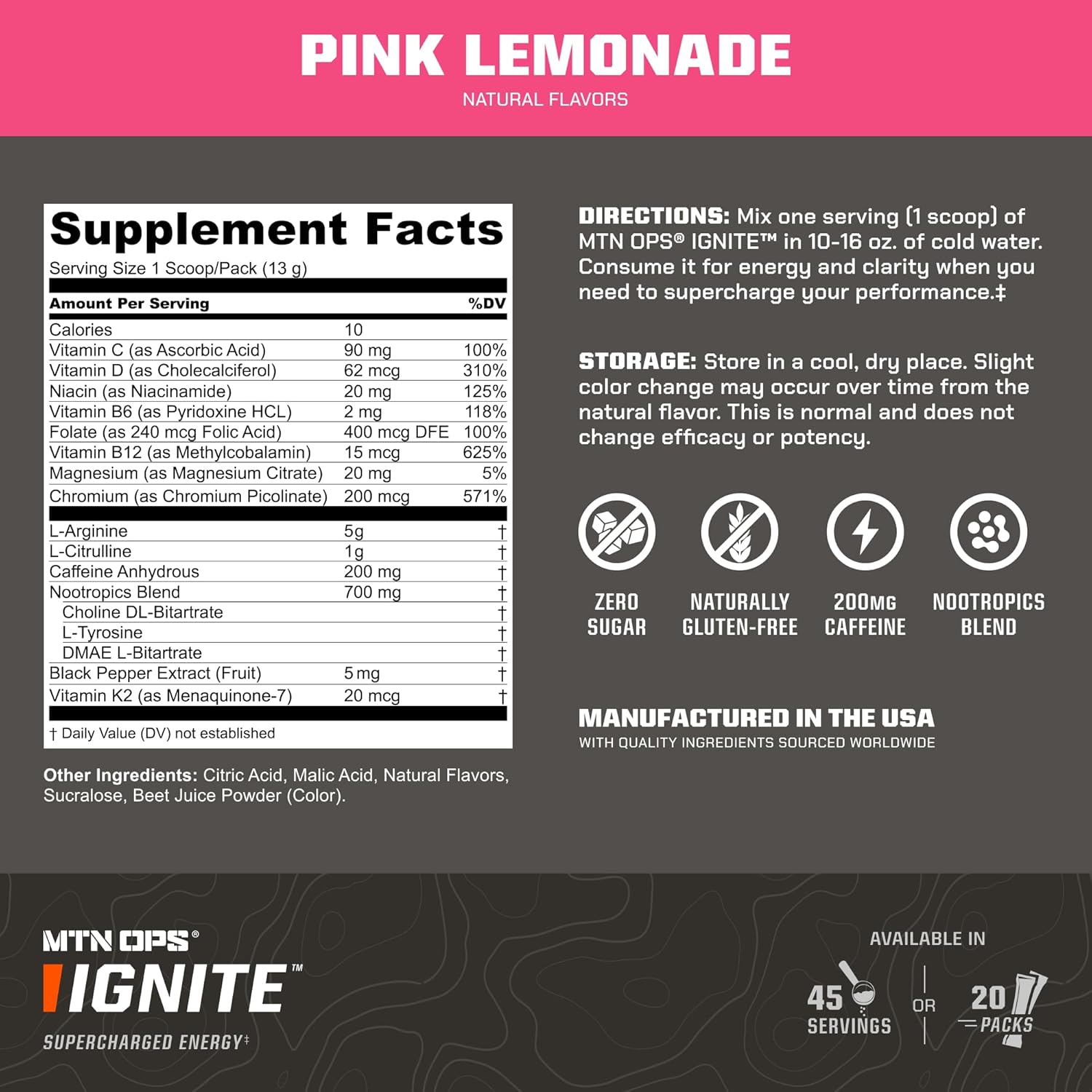 MTN OPS Ignite Trail Pack Pink Lemonade Energy Drink Mix - 20 Servings, Supercharged Boost