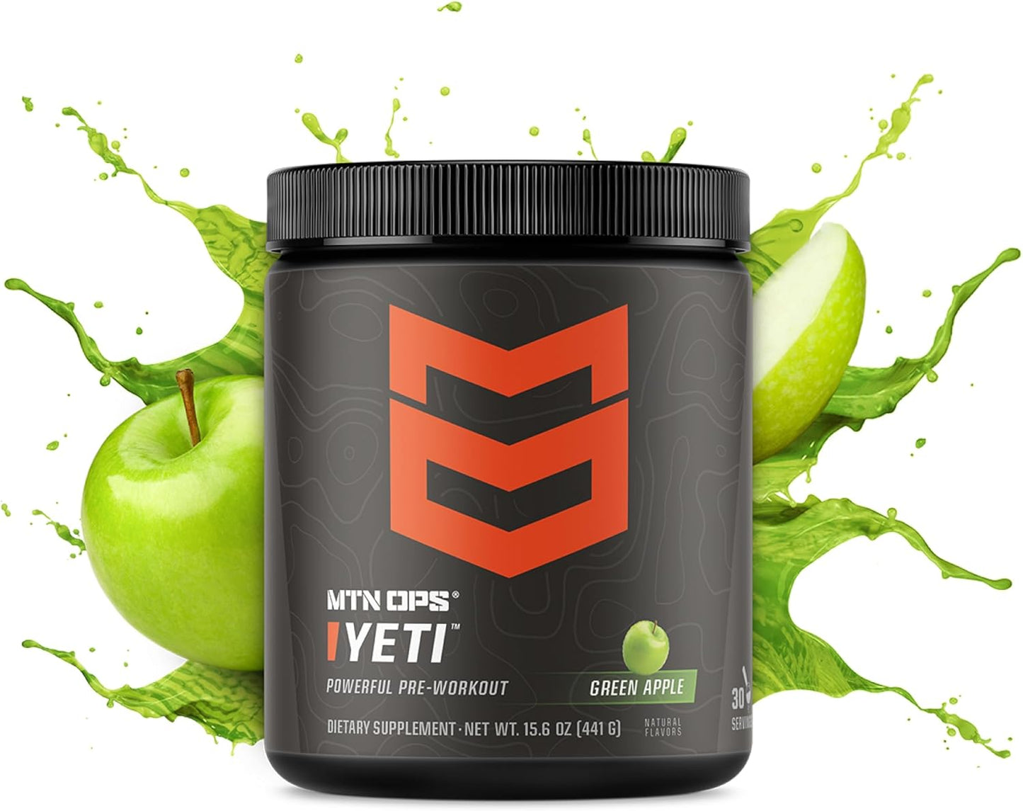 MTN OPS Yeti Pre-Workout Powder Energy Drink - Green Apple Flavor, 30 Servings, with Creatine, Caffeine, BCAAs, and Beta Alanine