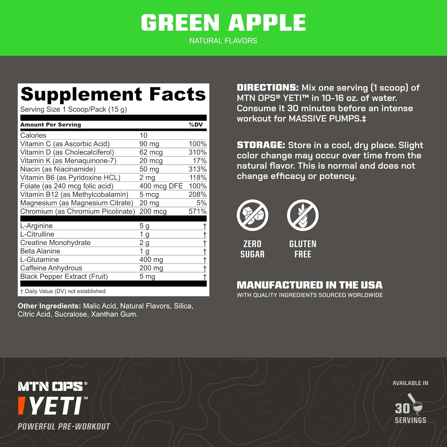 MTN OPS Yeti Pre-Workout Powder Energy Drink - Green Apple Flavor, 30 Servings, with Creatine, Caffeine, BCAAs, and Beta Alanine