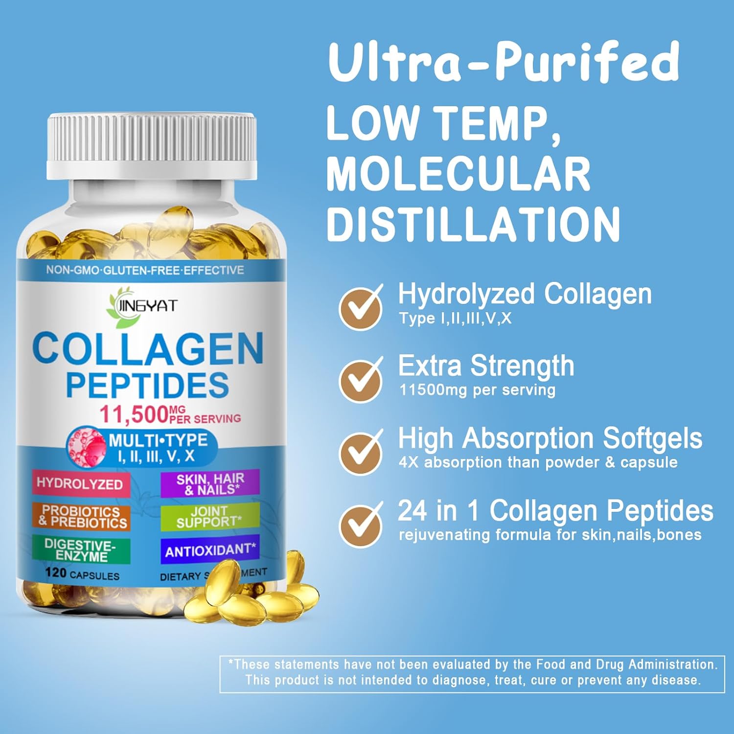 Multi Collagen Peptides Softgels with Glucosamine Chondroitin MSM & Biotin - Supports Skin, Hair, Nails, Joints, Bones, & Gut Health - Non-GMO Formula for Women