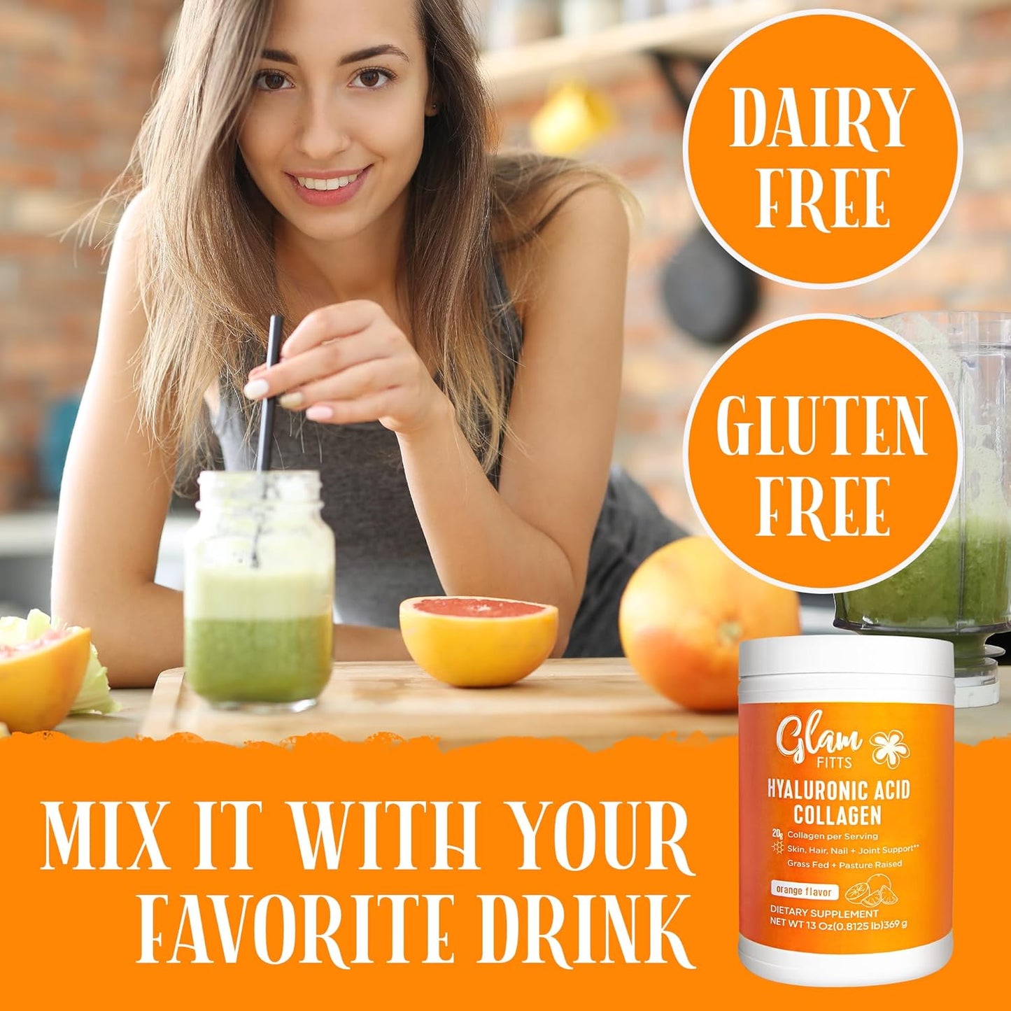 Multi Collagen Protein Powder with Hyaluronic Acid for Hair Skin Nails Joint Support - 20g per Serving, 13oz - Complex Vitamin C - Orange Flavor