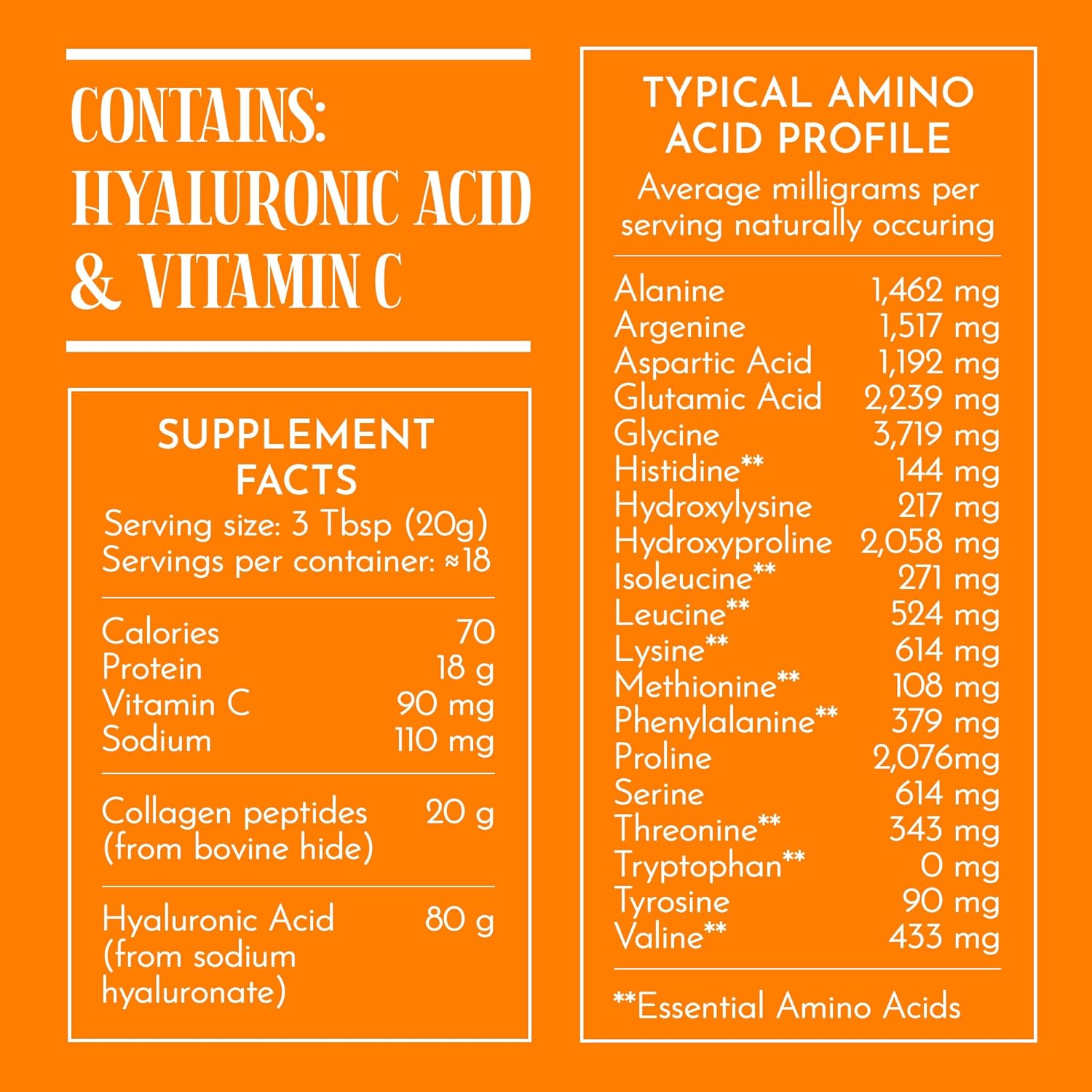 Multi Collagen Protein Powder with Hyaluronic Acid for Hair Skin Nails Joint Support - 20g per Serving, 13oz - Complex Vitamin C - Orange Flavor