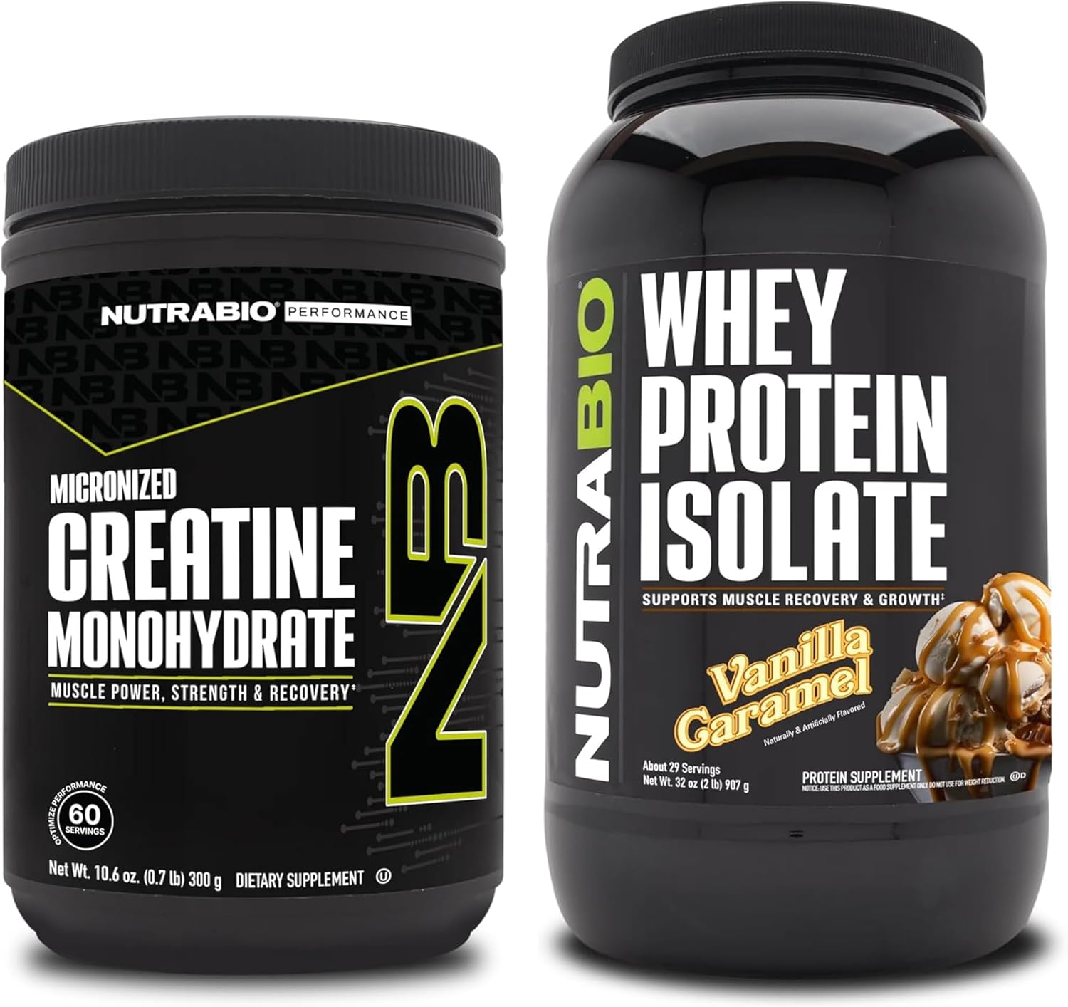 Muscle Energy and Strength Bundle: NutraBio Creatine Monohydrate 300g + Whey Protein Isolate Vanilla Caramel for Lean Muscle Growth and Recovery