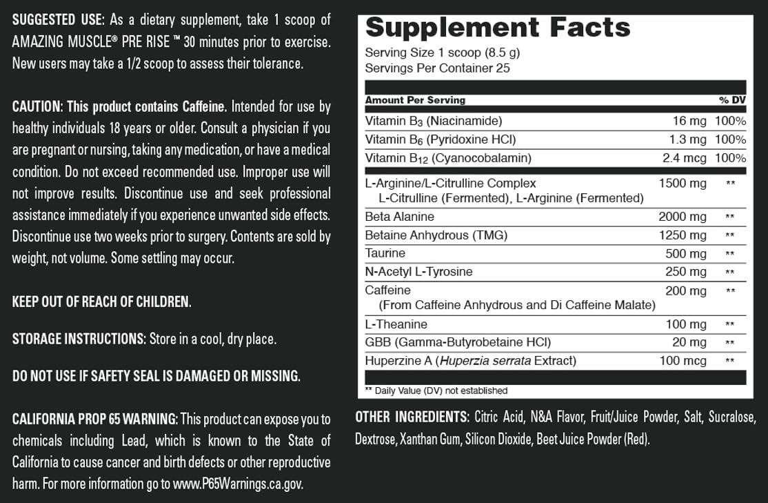 Muscle Pre Rise Pre-Workout Powder Supplement with Caffeine & Beta-Alanine for Men & Women - Watermelon Rush Flavor