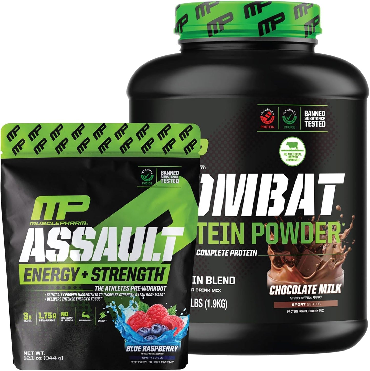 MusclePharm Combat Chocolate Protein 4lb + Assault Blue Raspberry Pre-Workout Combo