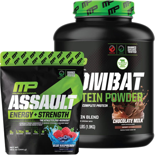 MusclePharm Combat Chocolate Protein 4lb + Assault Blue Raspberry Pre-Workout Combo