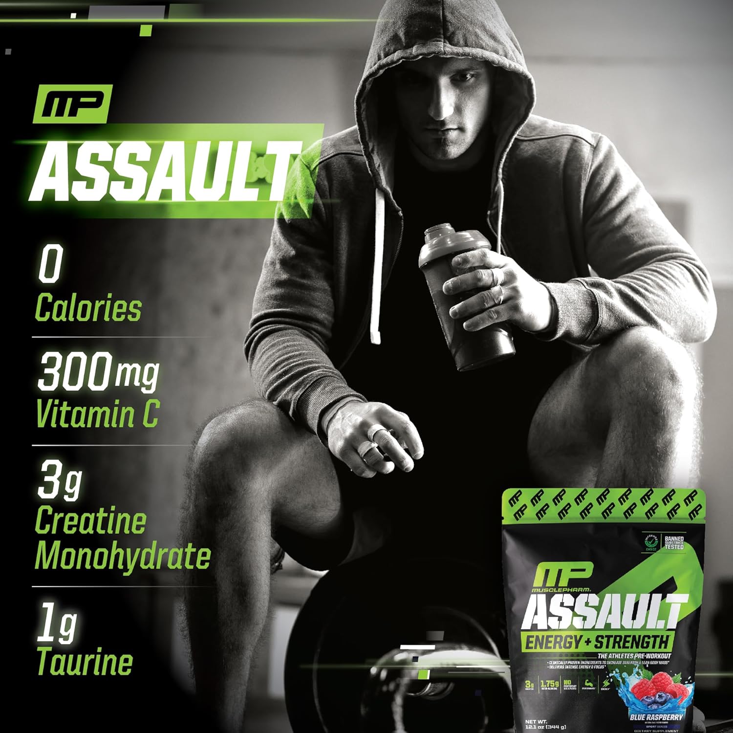 MusclePharm Combat Chocolate Protein 4lb + Assault Blue Raspberry Pre-Workout Combo