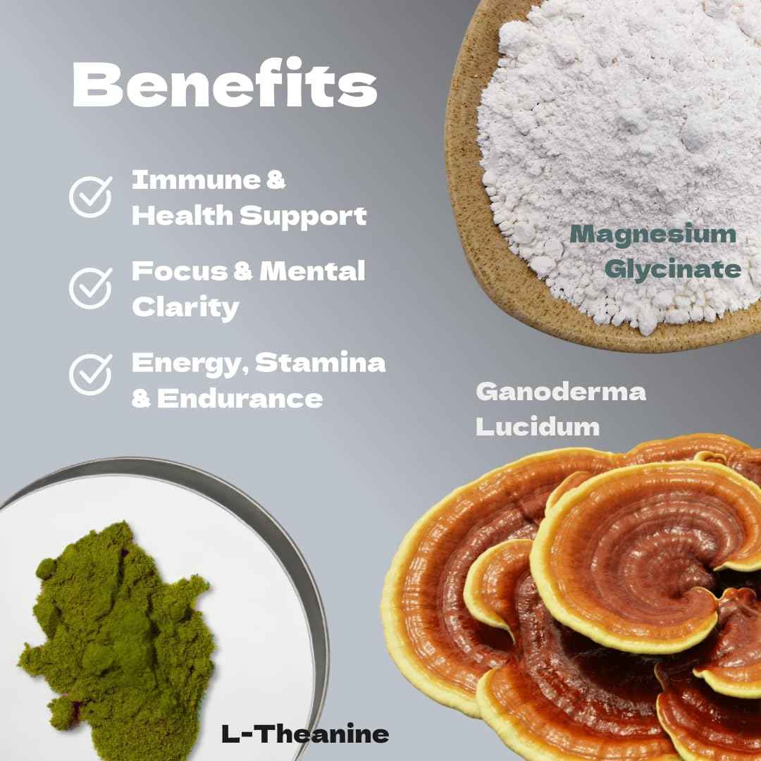 Mushroom Genetics Reishi, L-Theanine & Magnesium Supplement – Adaptogenic Mushroom Capsules | Stress Relief Supplement for Relaxation, Sleep & Immune Health | Brain Wellness Support | 60 Capsules