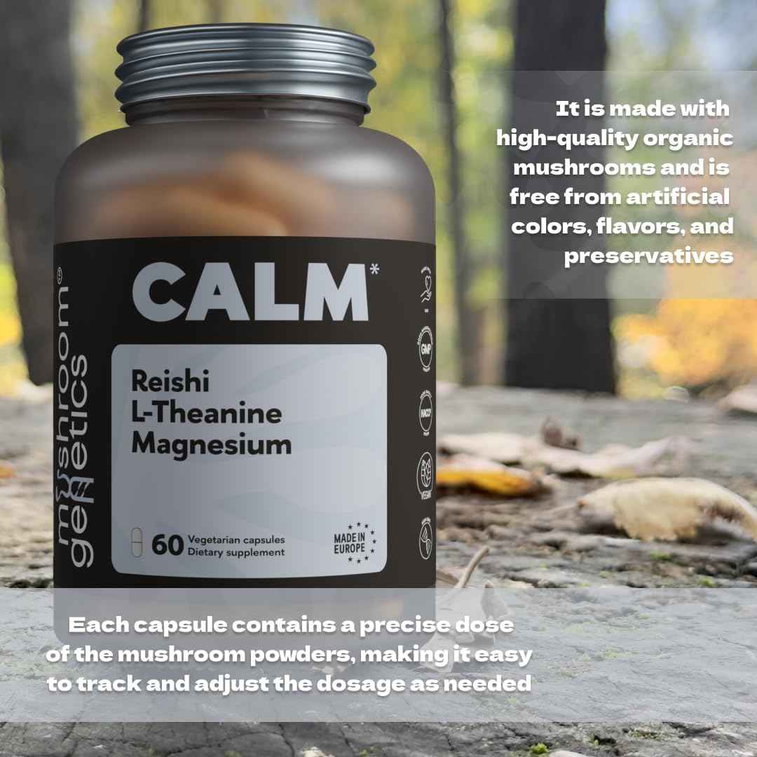 Mushroom Genetics Reishi, L-Theanine & Magnesium Supplement – Adaptogenic Mushroom Capsules | Stress Relief Supplement for Relaxation, Sleep & Immune Health | Brain Wellness Support | 60 Capsules
