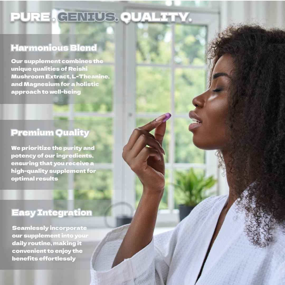 Mushroom Genetics Reishi, L-Theanine & Magnesium Supplement – Adaptogenic Mushroom Capsules | Stress Relief Supplement for Relaxation, Sleep & Immune Health | Brain Wellness Support | 60 Capsules