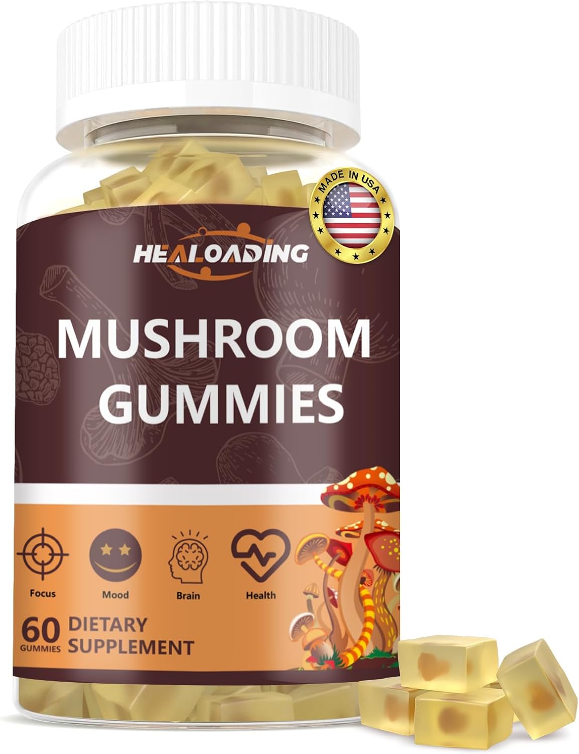 Mushroom Gummies Complex Supplement with Vitamin D3, B6, B9, B12 and Lion's Mane Cordyceps for Immune Support, Brain Health, Focus & Memory Boost