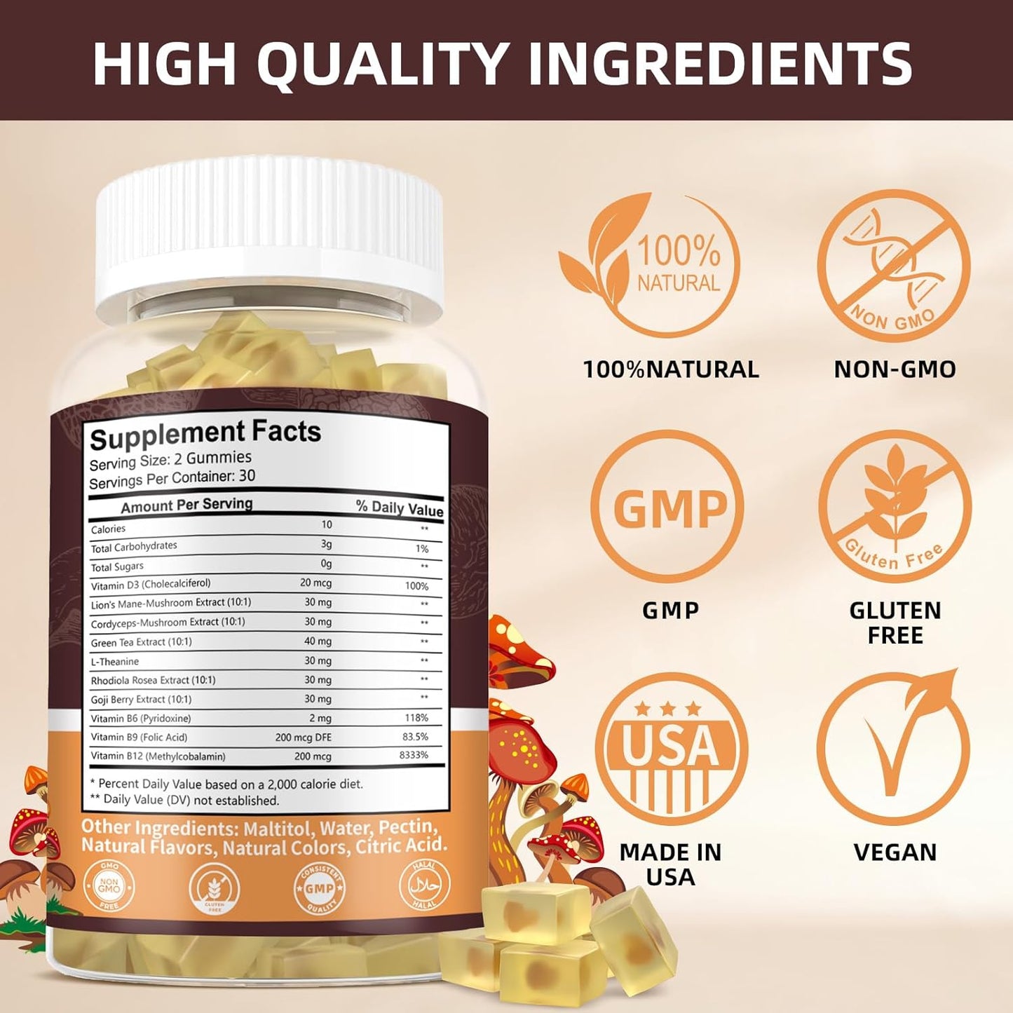 Mushroom Gummies Complex Supplement with Vitamin D3, B6, B9, B12 and Lion's Mane Cordyceps for Immune Support, Brain Health, Focus & Memory Boost