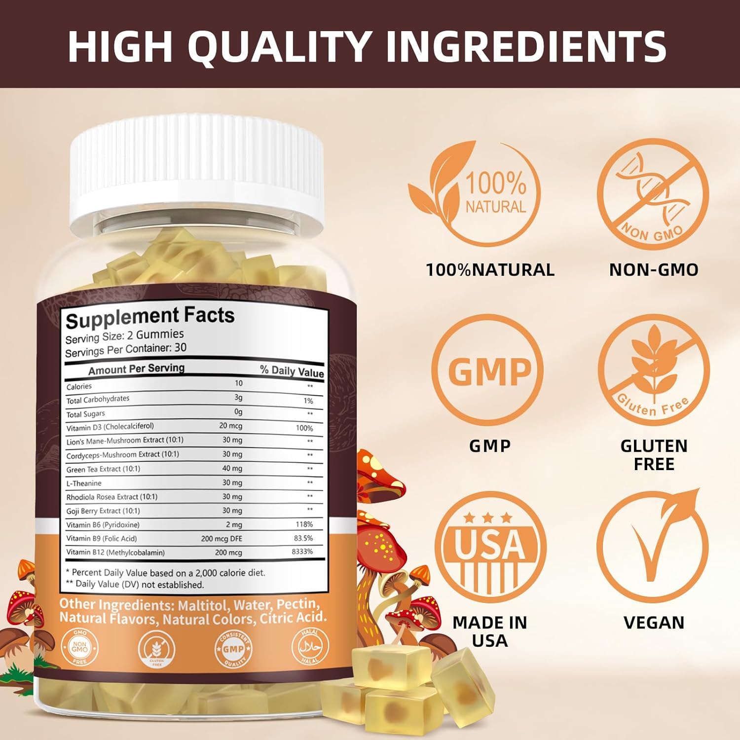Mushroom Gummies Complex Supplement with Vitamin D3, B6, B9, B12 and Lion's Mane Cordyceps for Immune Support, Brain Health, Focus & Memory Boost