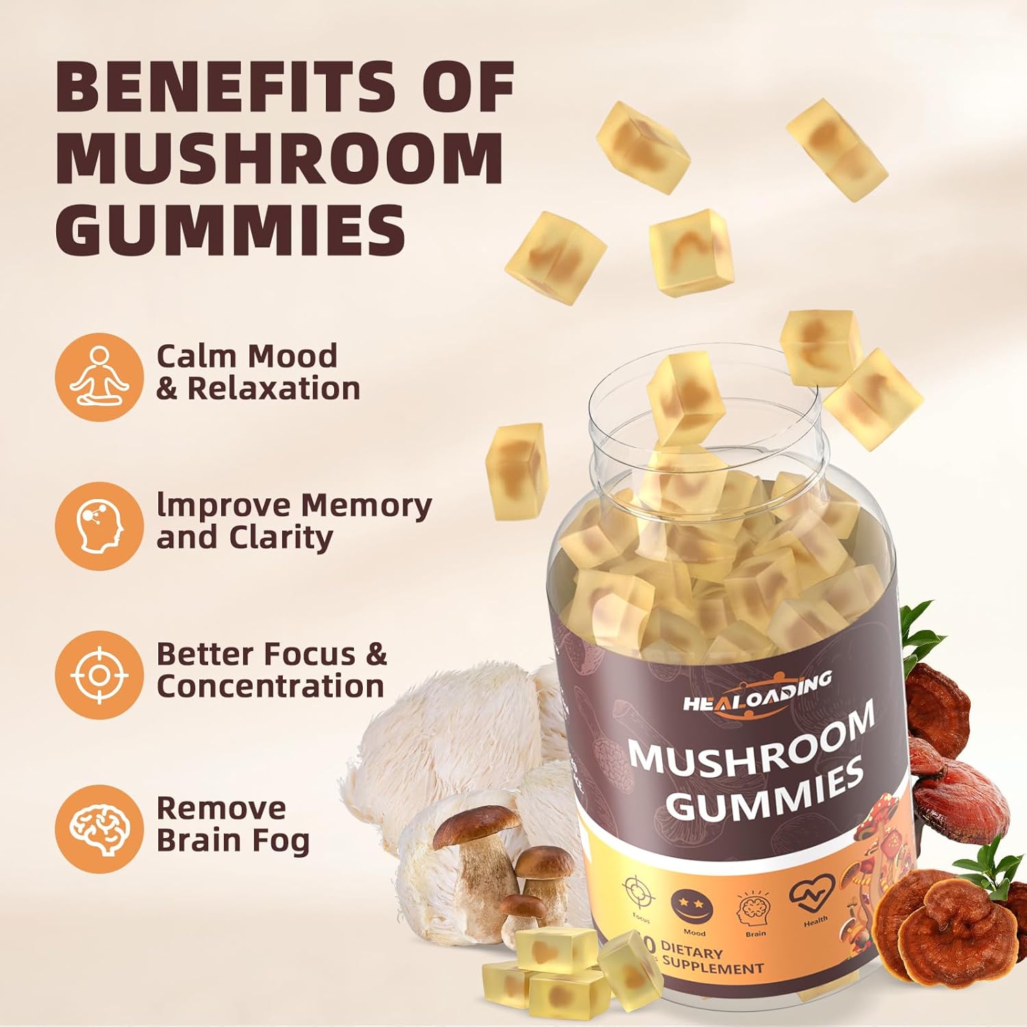 Mushroom Gummies Complex Supplement with Vitamin D3, B6, B9, B12 and Lion's Mane Cordyceps for Immune Support, Brain Health, Focus & Memory Boost
