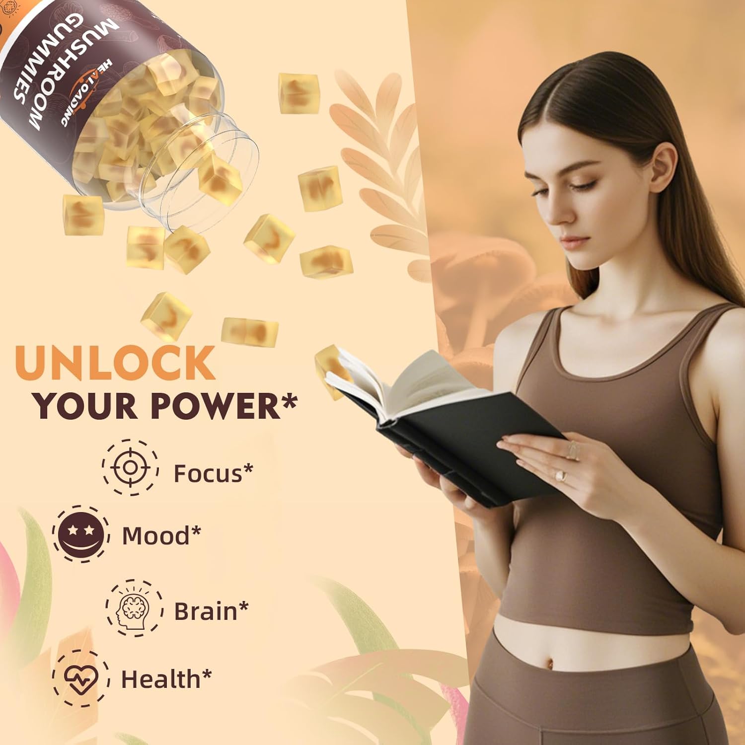 Mushroom Gummies Complex Supplement with Vitamin D3, B6, B9, B12 and Lion's Mane Cordyceps for Immune Support, Brain Health, Focus & Memory Boost