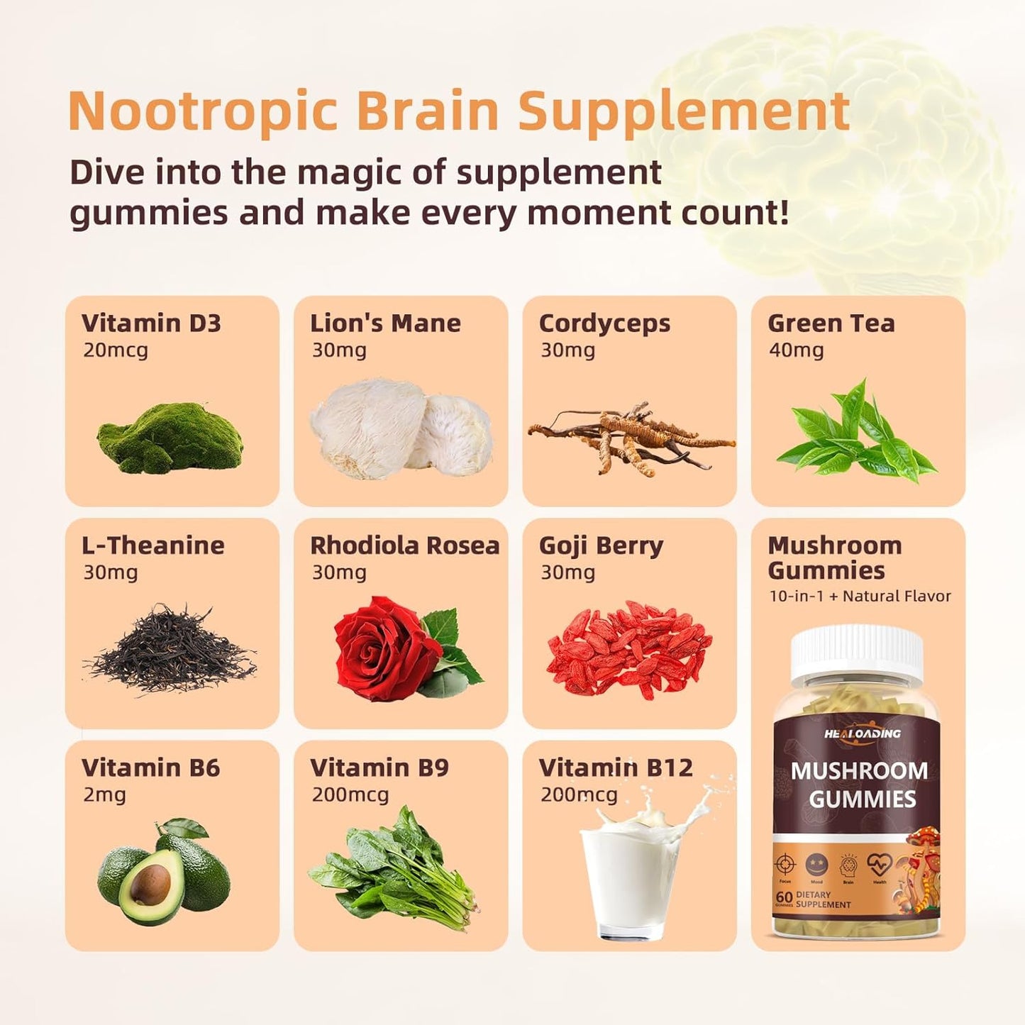Mushroom Gummies Complex Supplement with Vitamin D3, B6, B9, B12 and Lion's Mane Cordyceps for Immune Support, Brain Health, Focus & Memory Boost