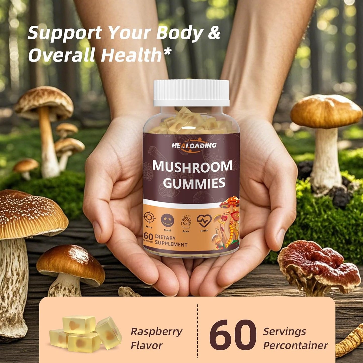 Mushroom Gummies Complex Supplement with Vitamin D3, B6, B9, B12 and Lion's Mane Cordyceps for Immune Support, Brain Health, Focus & Memory Boost