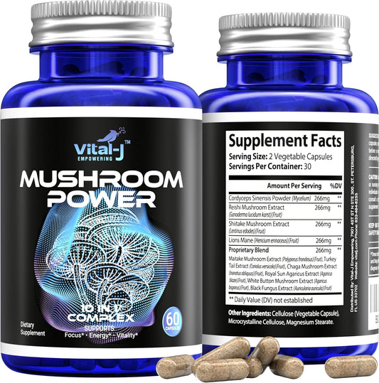 Mushroom Power Complex with Cordyceps, Reishi, Shiitake & Lions Mane - Nootropic Supplement for Gut Health, Focus, Energy - 240 Capsules