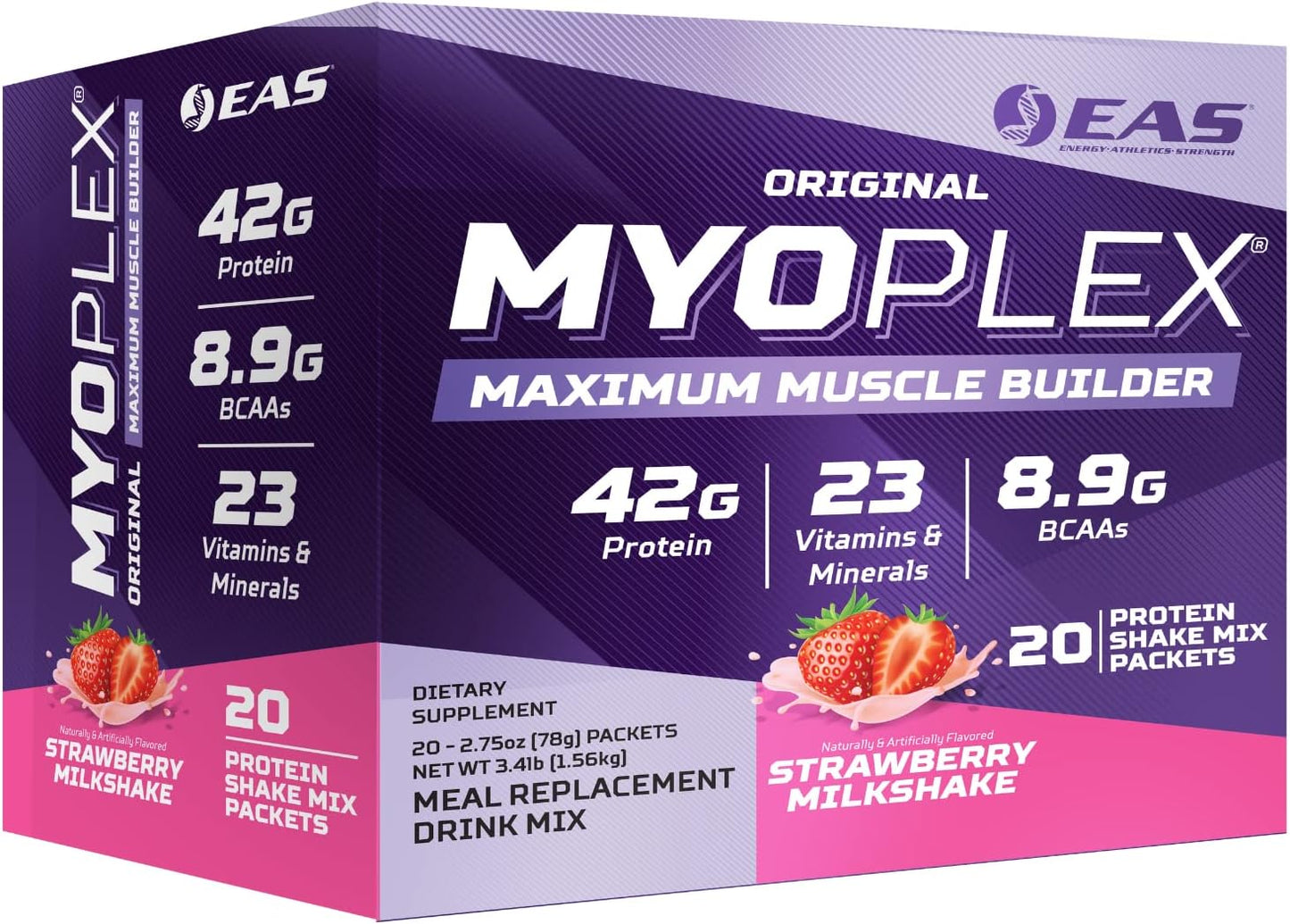 Myoplex Maximum Muscle Builder Protein Drink Mix - Strawberry Milkshake - 42g Protein - 20 Packets