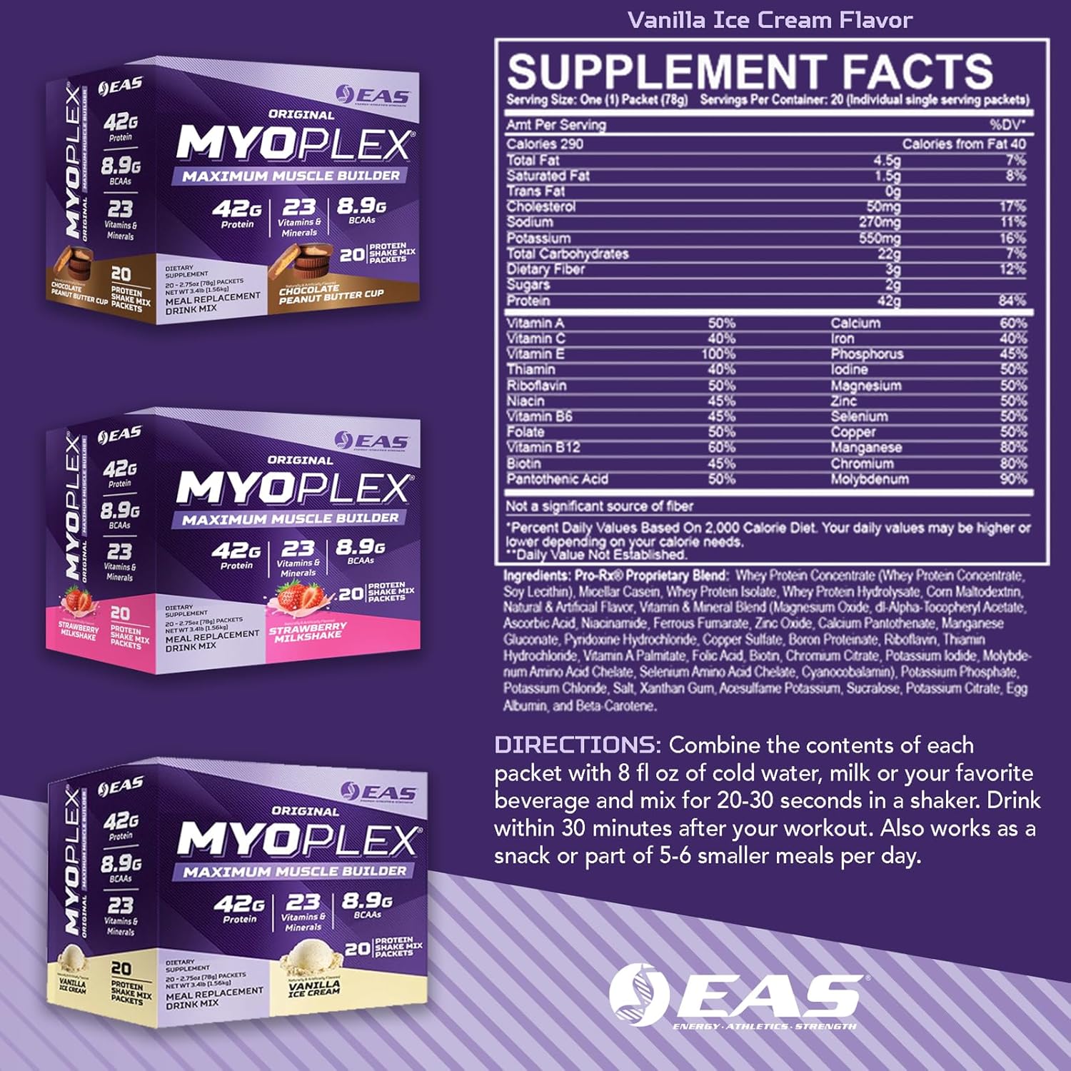 Myoplex Maximum Muscle Builder Protein Drink Mix - Strawberry Milkshake - 42g Protein - 20 Packets