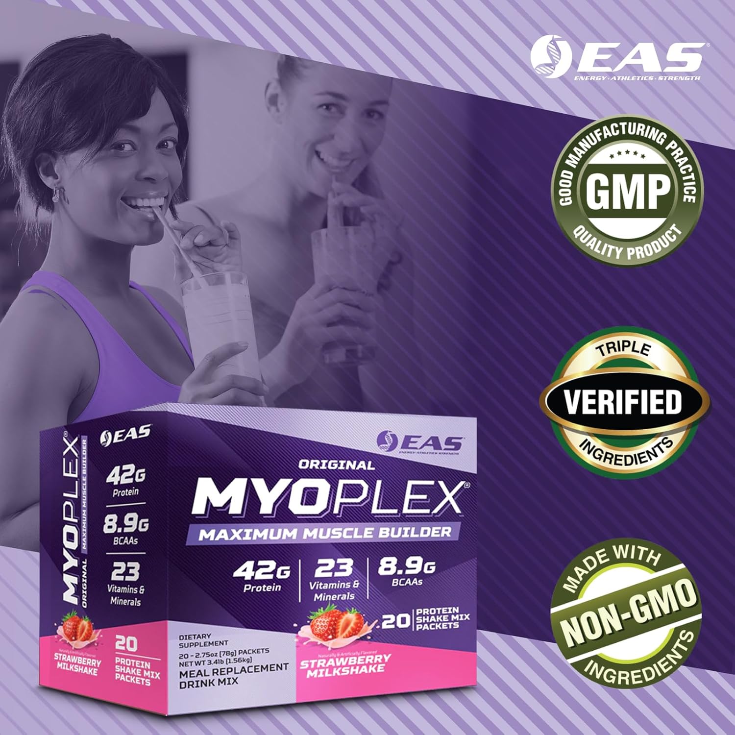 Myoplex Maximum Muscle Builder Protein Drink Mix - Strawberry Milkshake - 42g Protein - 20 Packets