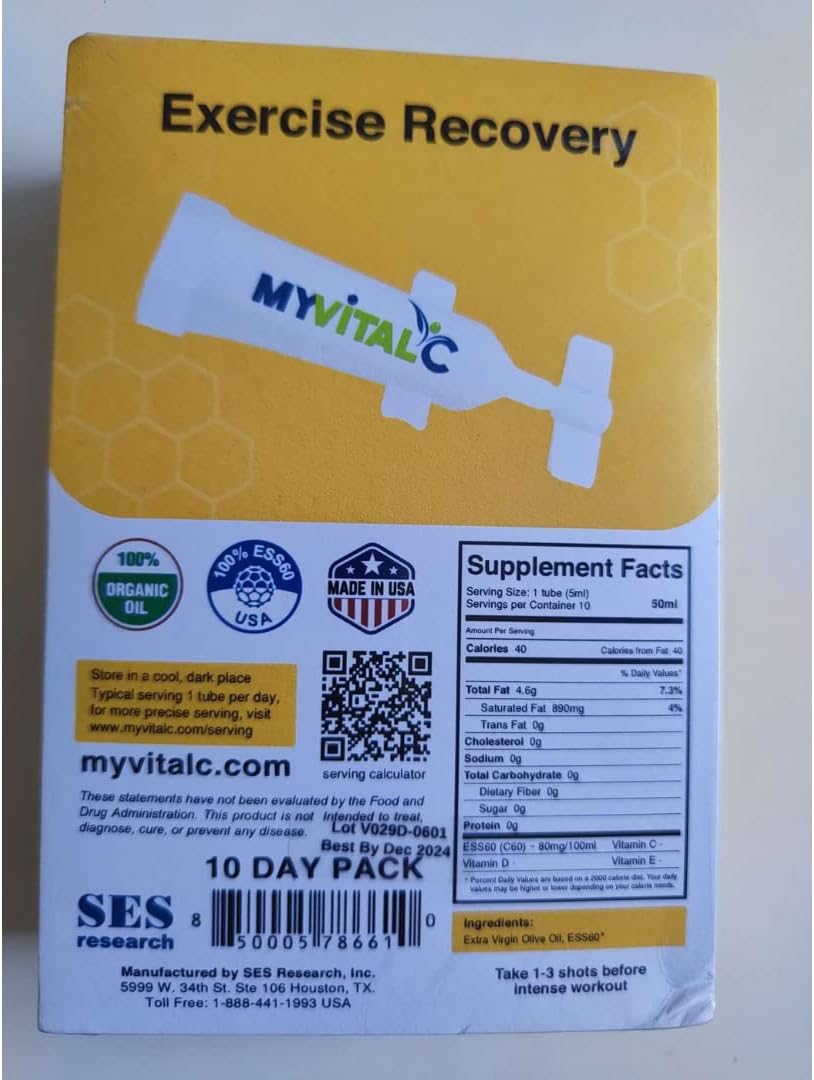 MyVitalC ESS60 Organic Extra Virgin Olive Oil Exercise Recovery Supplement, 10-Day Supply, Pack of 2