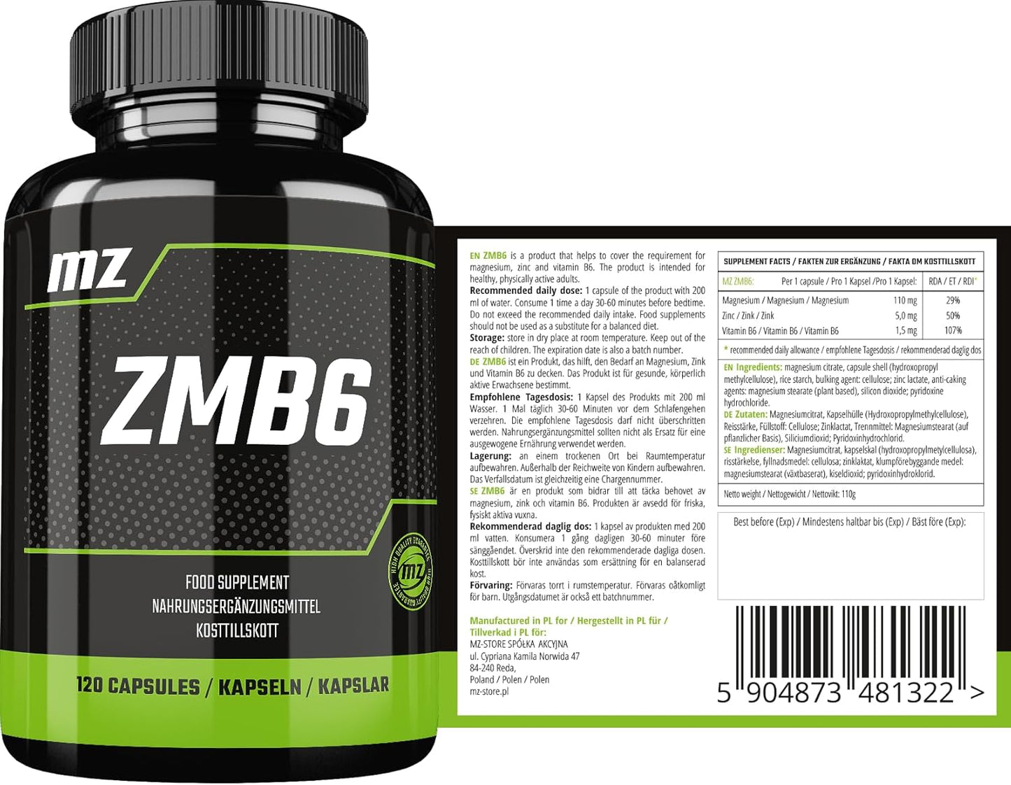 MZ ZMB6 Supplement - 120 Capsules with Magnesium Citrate, Zinc, and Vitamin B6 - Skin, Hair, and Nails Support - 4 Month Supply - Diet Supplement by MZ