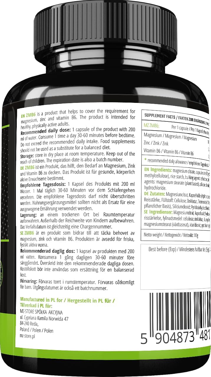 MZ ZMB6 Supplement - 120 Capsules with Magnesium Citrate, Zinc, and Vitamin B6 - Skin, Hair, and Nails Support - 4 Month Supply - Diet Supplement by MZ