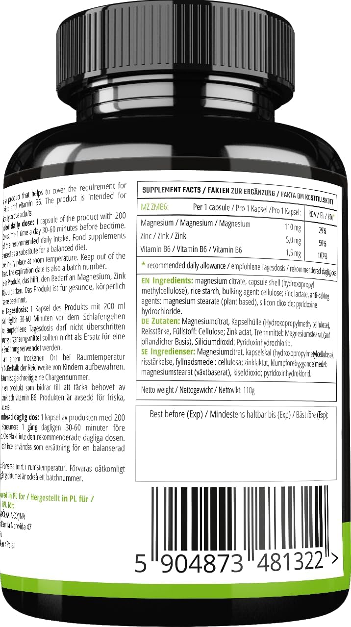 MZ ZMB6 Supplement - 120 Capsules with Magnesium Citrate, Zinc, and Vitamin B6 - Skin, Hair, and Nails Support - 4 Month Supply - Diet Supplement by MZ