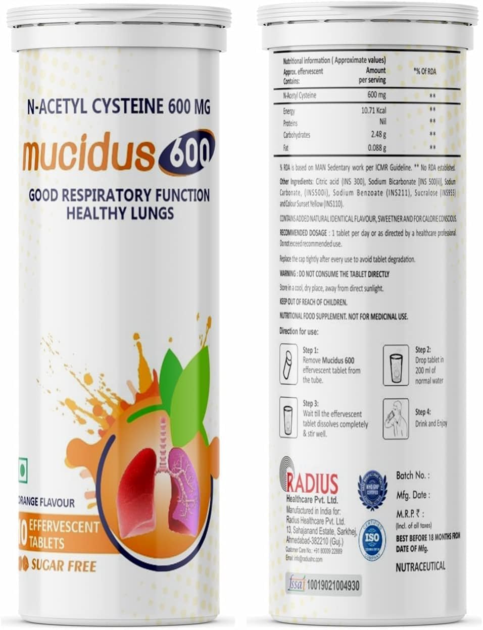 N-Acetylcysteine 600mg Effervescent Tablets - Antioxidant for Lung & Liver Health, Skincare - Sugar Free Orange Flavour - Men & Women - 2 Tubes of 10 Tabs