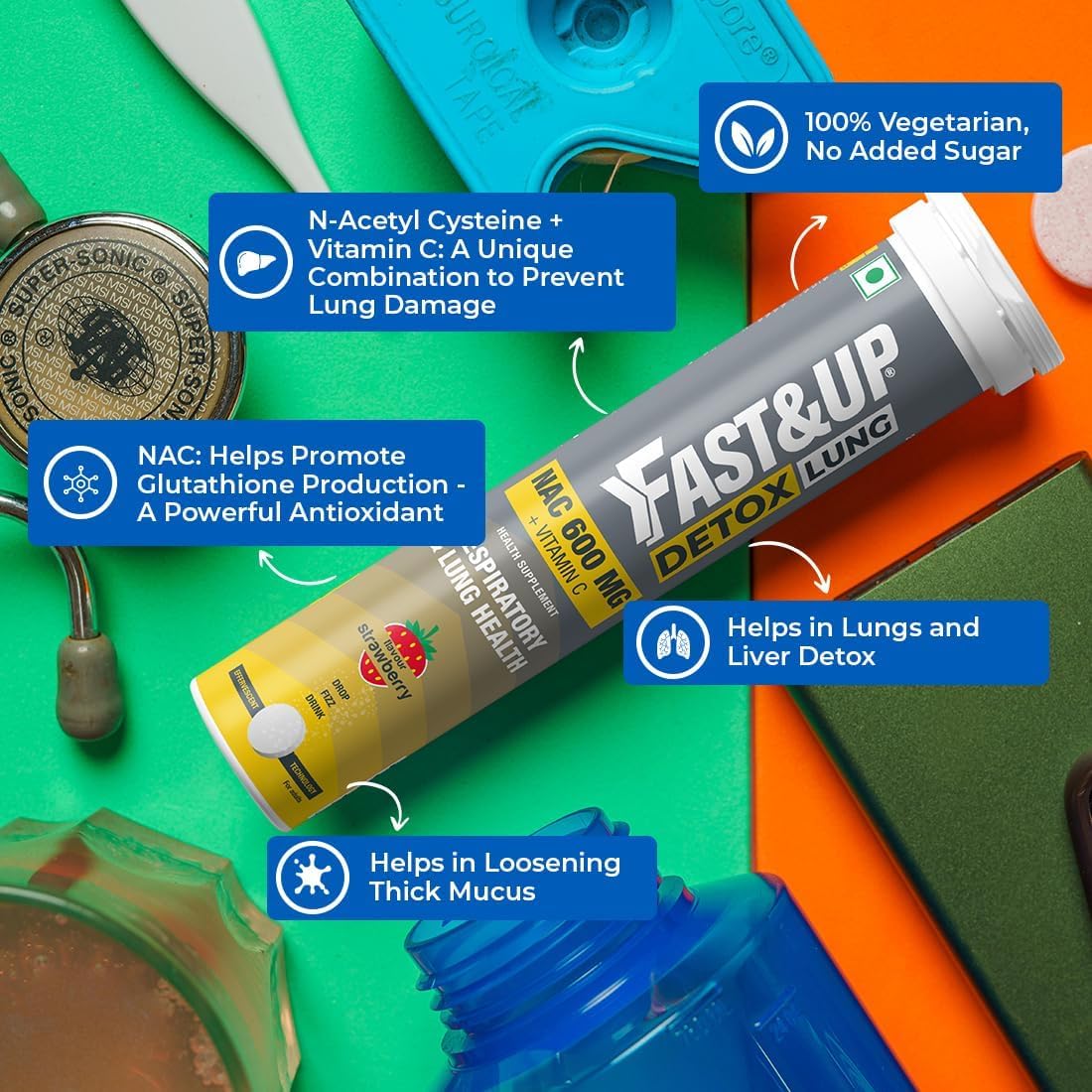 NAC 600mg + Vitamin C Lung Detox Effervescent Tablets - Strawberry Flavour - Pack of 20 - Respiratory Support & Lung Health