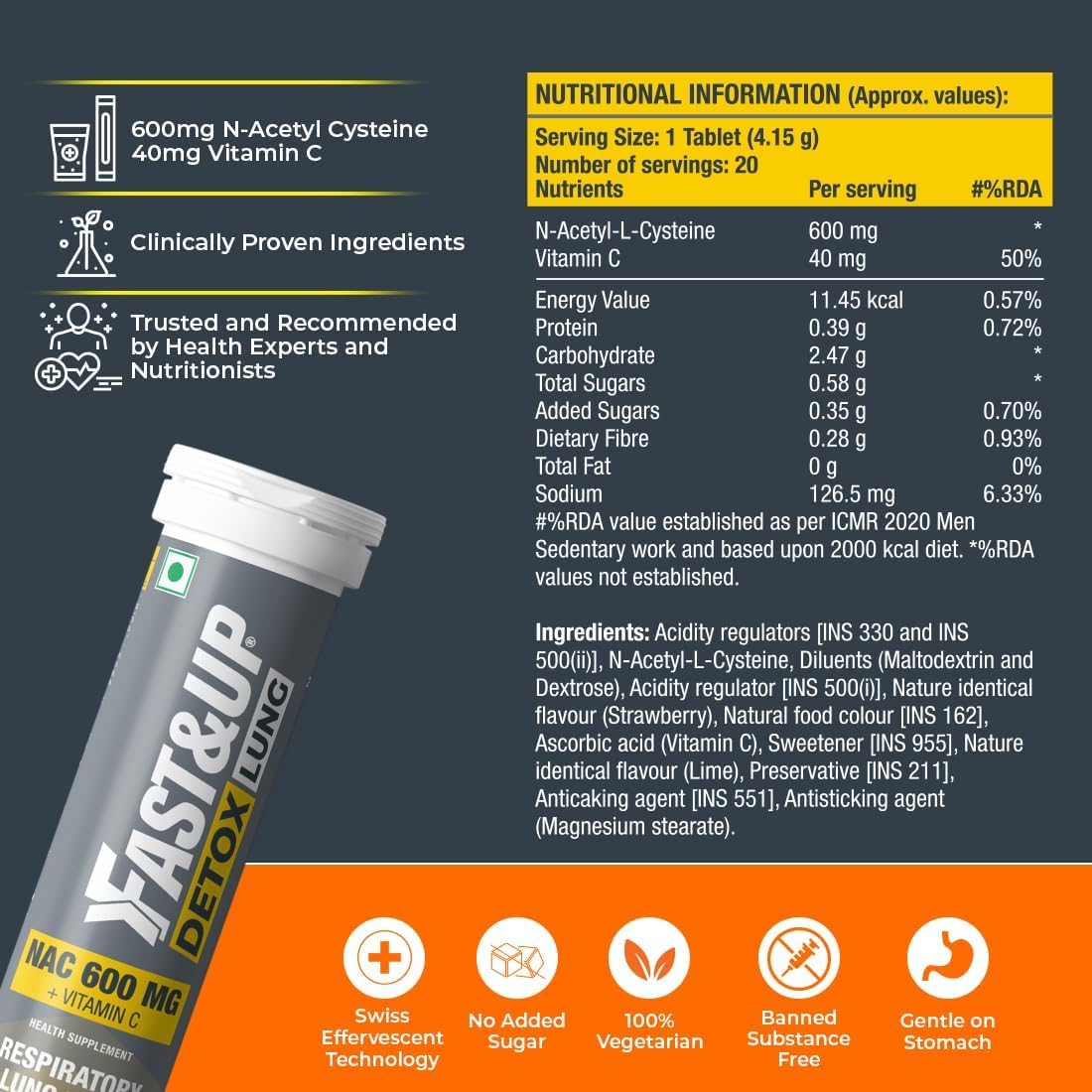 NAC 600mg + Vitamin C Lung Detox Effervescent Tablets - Strawberry Flavour - Pack of 20 - Respiratory Support & Lung Health