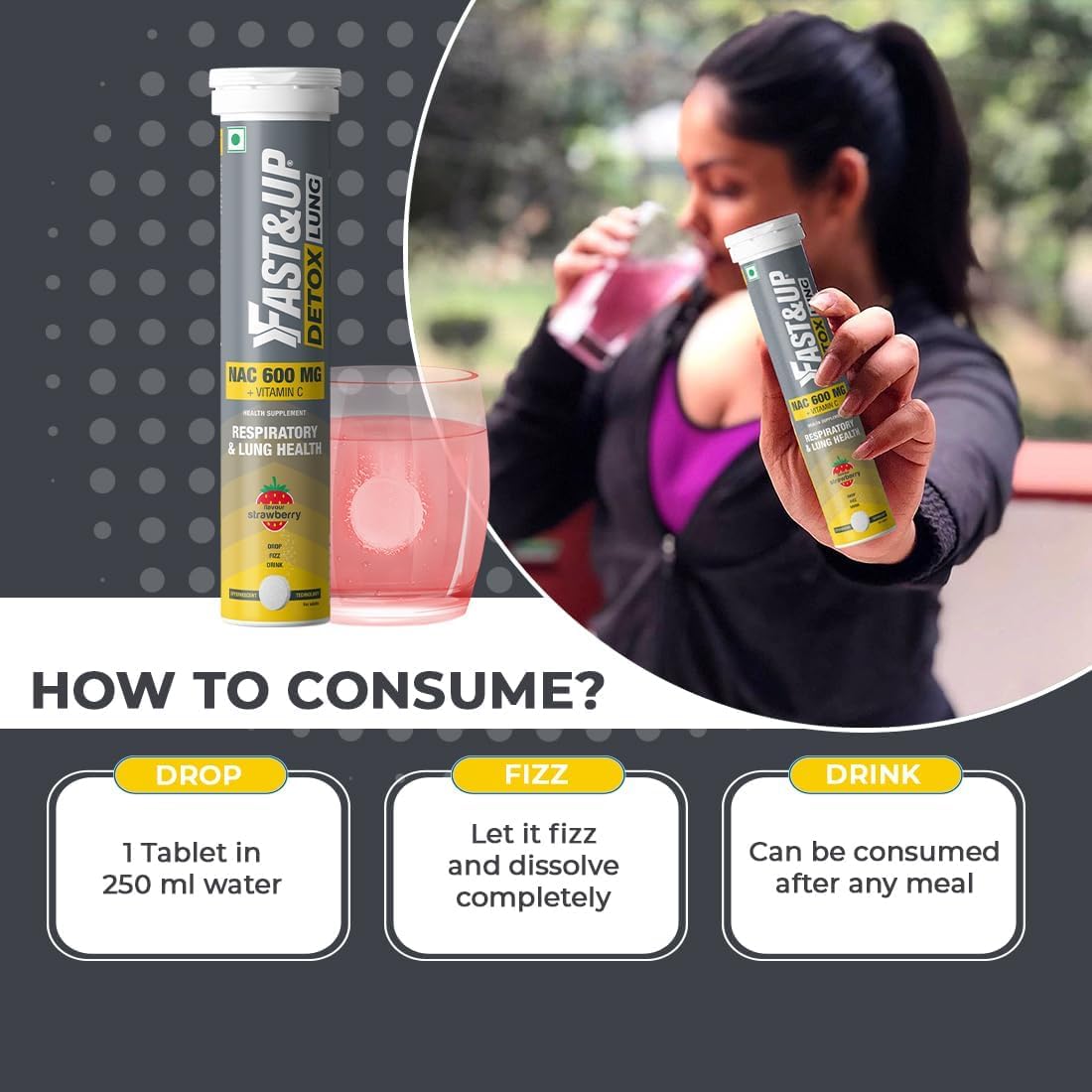 NAC 600mg + Vitamin C Lung Detox Effervescent Tablets - Strawberry Flavour - Pack of 20 - Respiratory Support & Lung Health