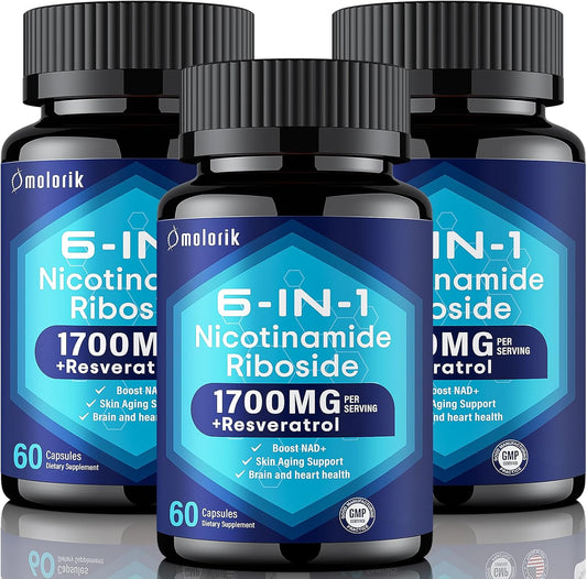 NAD+ Supplement with Nicotinamide Riboside 1700mg, Trimethylglycine, Trans-Resveratrol, Vitamin C, Niacin (B3) - 180 Capsules for Anti-Aging, Cell Repair, Healthy Skin, Vitality