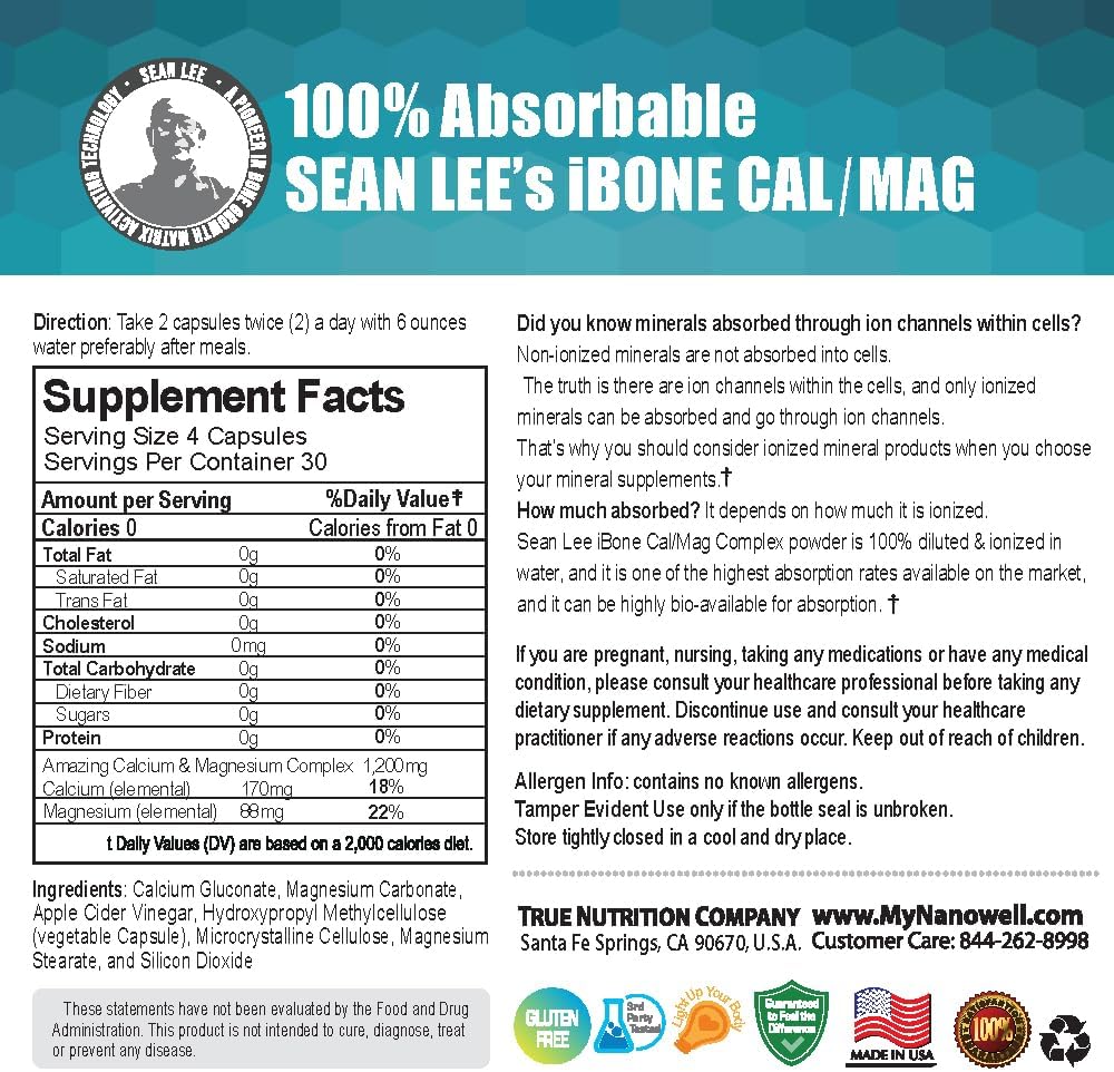NANOWELL Sean Lee's iBone Cal Mag 120 Capsules X 4 Bottles - Bone Health, Calcium Supplement (480 Count) for 4 Months